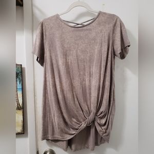 Small, beige acid wash tunic.  Criss-cross in the back.